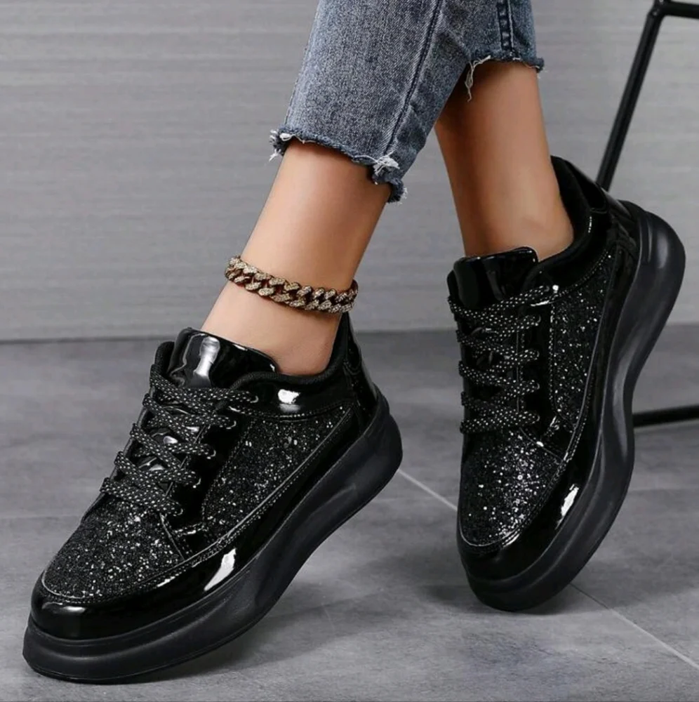 Women's Spring Autumn Casual Black Sneakers, Non-Slip Soft Bottom Lightweight Pl - Picture 1 of 4